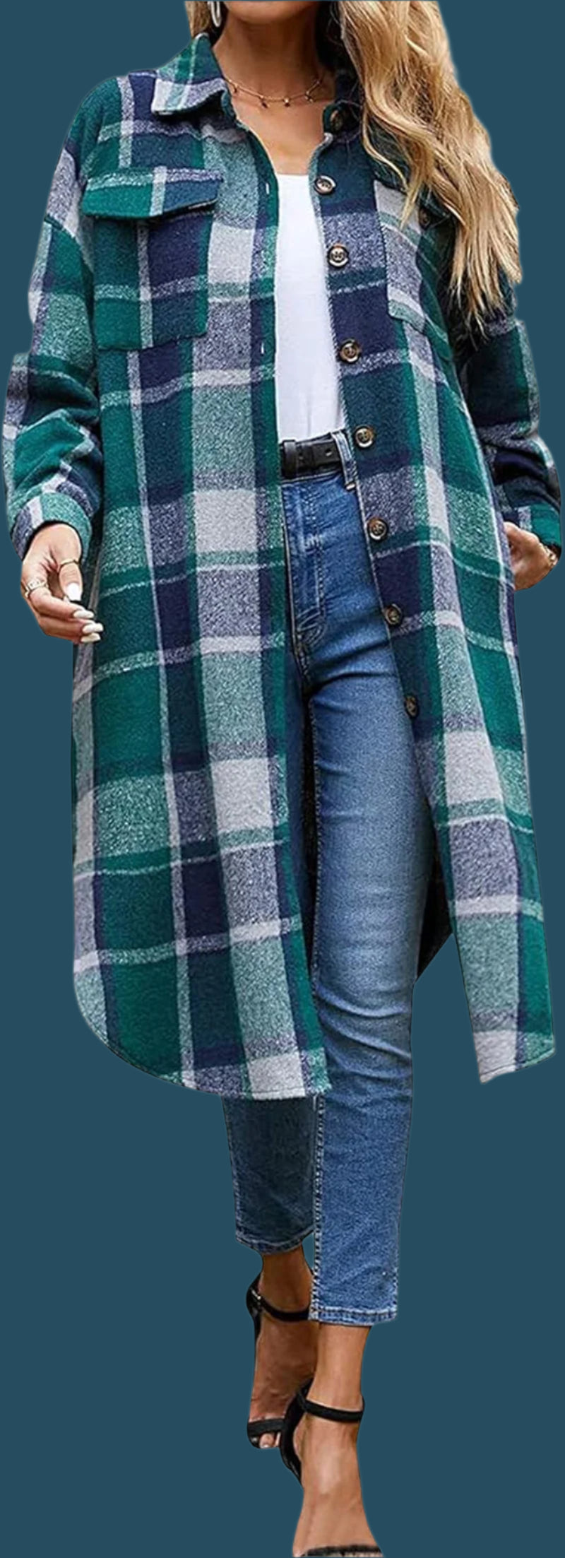 Women'S Casual Wool Blend Long Plaid Shirt Jacket Button down Pocketed Shirt Shacket