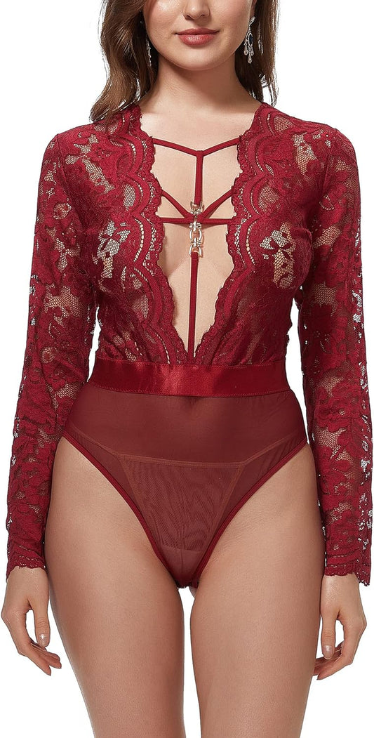 Women One Piece Teddy Bodysuit plus Size Sexy Snap Crotch Lingerie Set Lace Long Sleeve V Neck Mini Bodysuit Tops