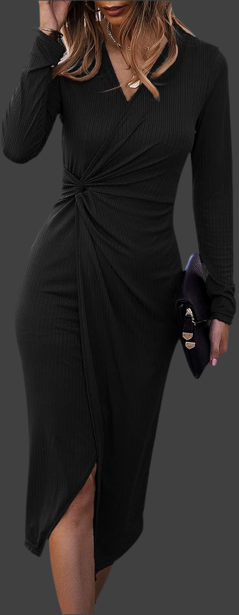 Women'S Long Sleeve Dress: Midi Casual V Neck Dresses Twist Waist Ribbed Knit Bodycon Slit Cocktail Party Dress