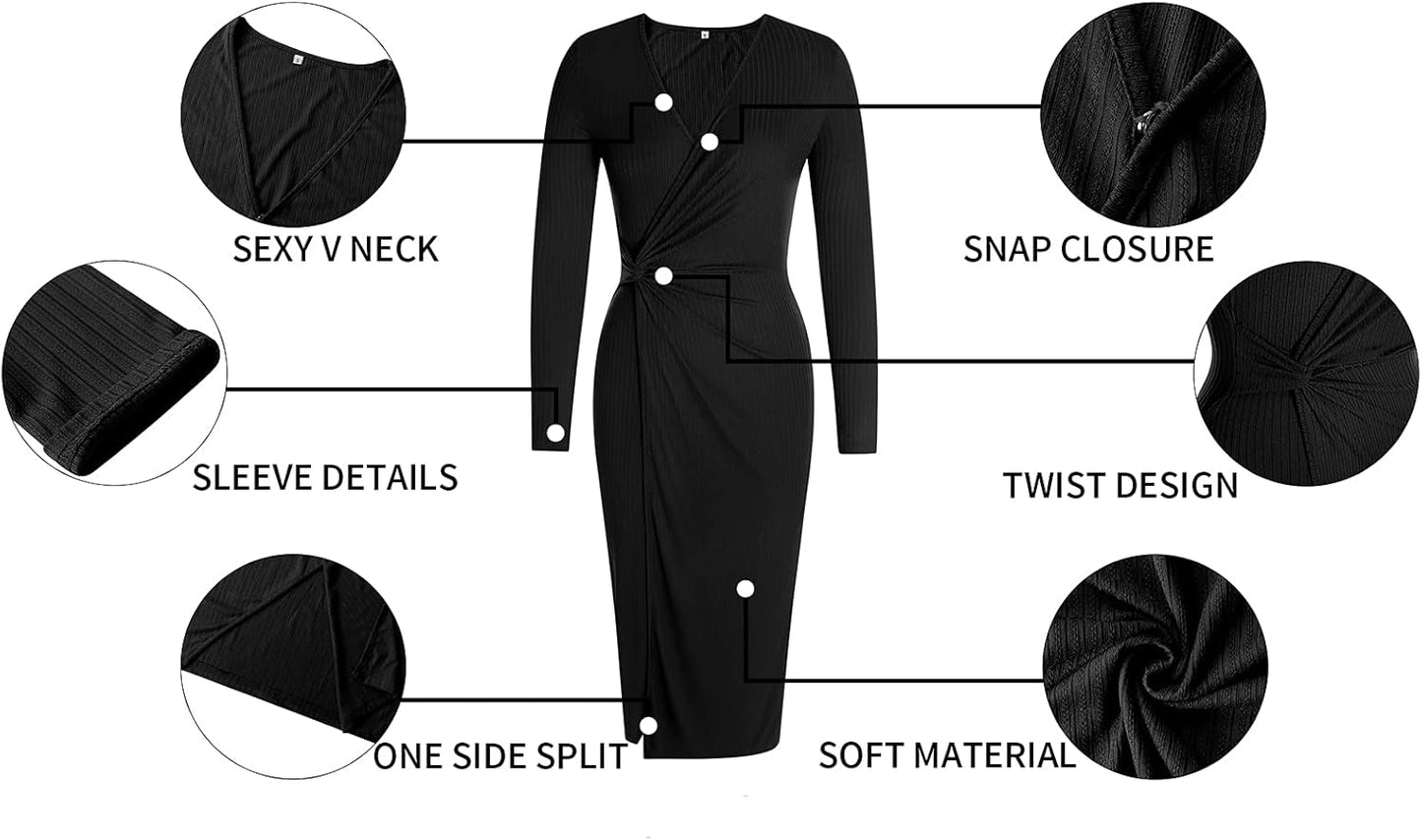 Women'S Long Sleeve Dress: Midi Casual V Neck Dresses Twist Waist Ribbed Knit Bodycon Slit Cocktail Party Dress